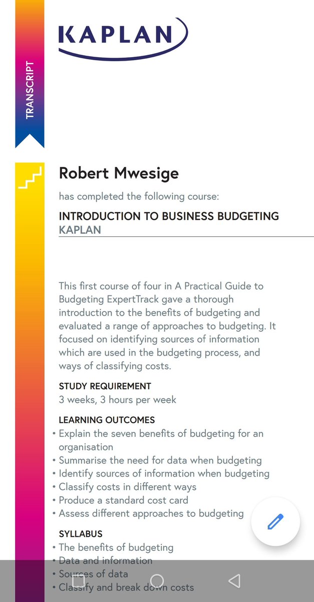 robertmwesige44's tweet image. I&apos;ve earned a certificate for Introduction to Business Budgeting a course run by #FutureLearn 
I&apos;m sure I&apos;m now in the top 10% of those with the most certificates from this learning provider.