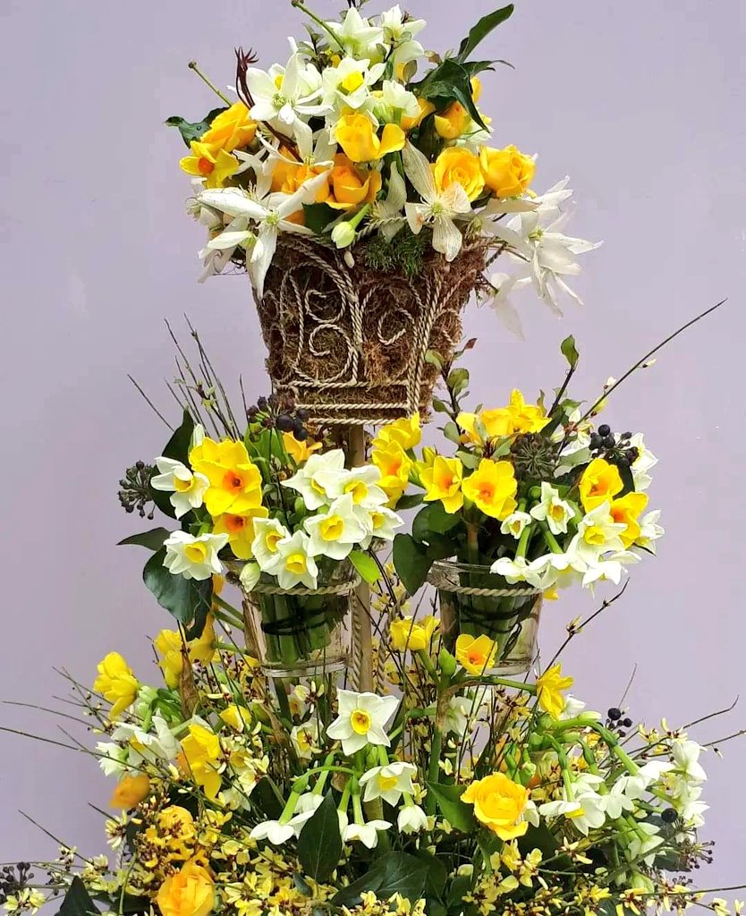 jpmoseley's tweet photo. Friday flower fix anyone? A riot of fragrant narcissi, genista and clematis armandii arranged foam free in this three tier wirework basket. I do so adore spring blooms.

#fridayflowers #flowerfix #spring #flowers #narcissi #scentedflowers #flowertalk https://t.co/DOlt9mRfJM