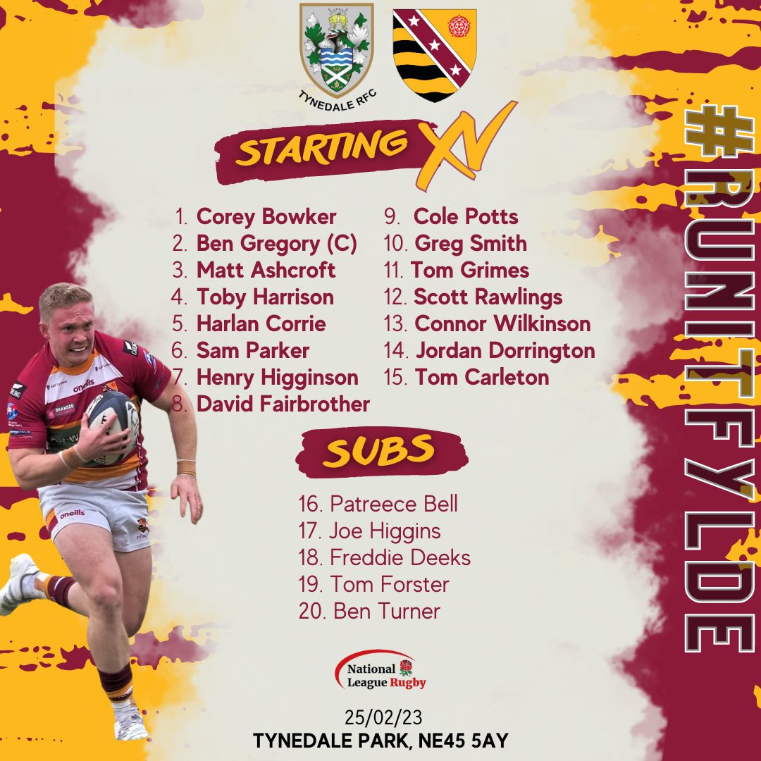 📣TEAM NEWS! 

Here is your @fylderugby 20 man squad to face @TynedaleRFC tomorrow💥

🔸TC returns🤩

🔸Harrison moves to lock🔒 

🔸Rawlings replaces injured Stott in midfield💪

Another BIG game in #nat2n!

#runitfylde