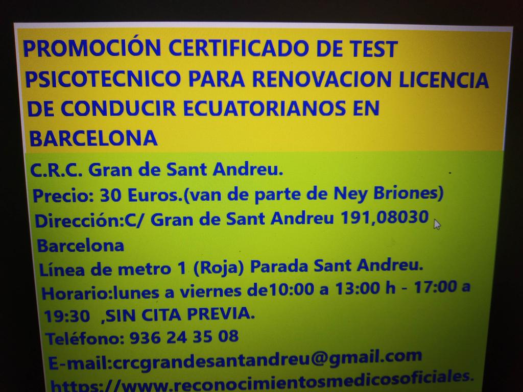 briones_ney's tweet photo. C.R.C. Gran de Sant Andreu
Promoción de examen psicotécnico requisito renovación de licencias de conducir de Ecuatorianos  Barcelona
Precio: 30 Euros.comentar que van de parte de Ney Briones
Gran de Sant Andreu 191, 08030 Barcelona
Línea de metro 1 (Roja) Par Sant Andreu. https://t.co/tr6LnX2QqP