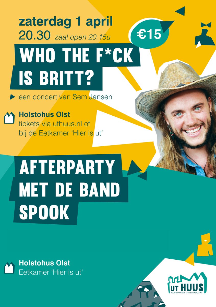 Zaterdag 1 april! De prachtige voorstelling van Sem Jansen met de muzikanten van de Leif de Leeuwband in <a href="/utHuus_OW/">ut Huus</a>  Olst. Loopafstand v/h station en heel veel gratis parkeerplekken! Entree 15,- en Afterparty in Muziekcafé met Spook The Band. 
🎟️15,- >> uthuus.nl/2023/01/22/sem…