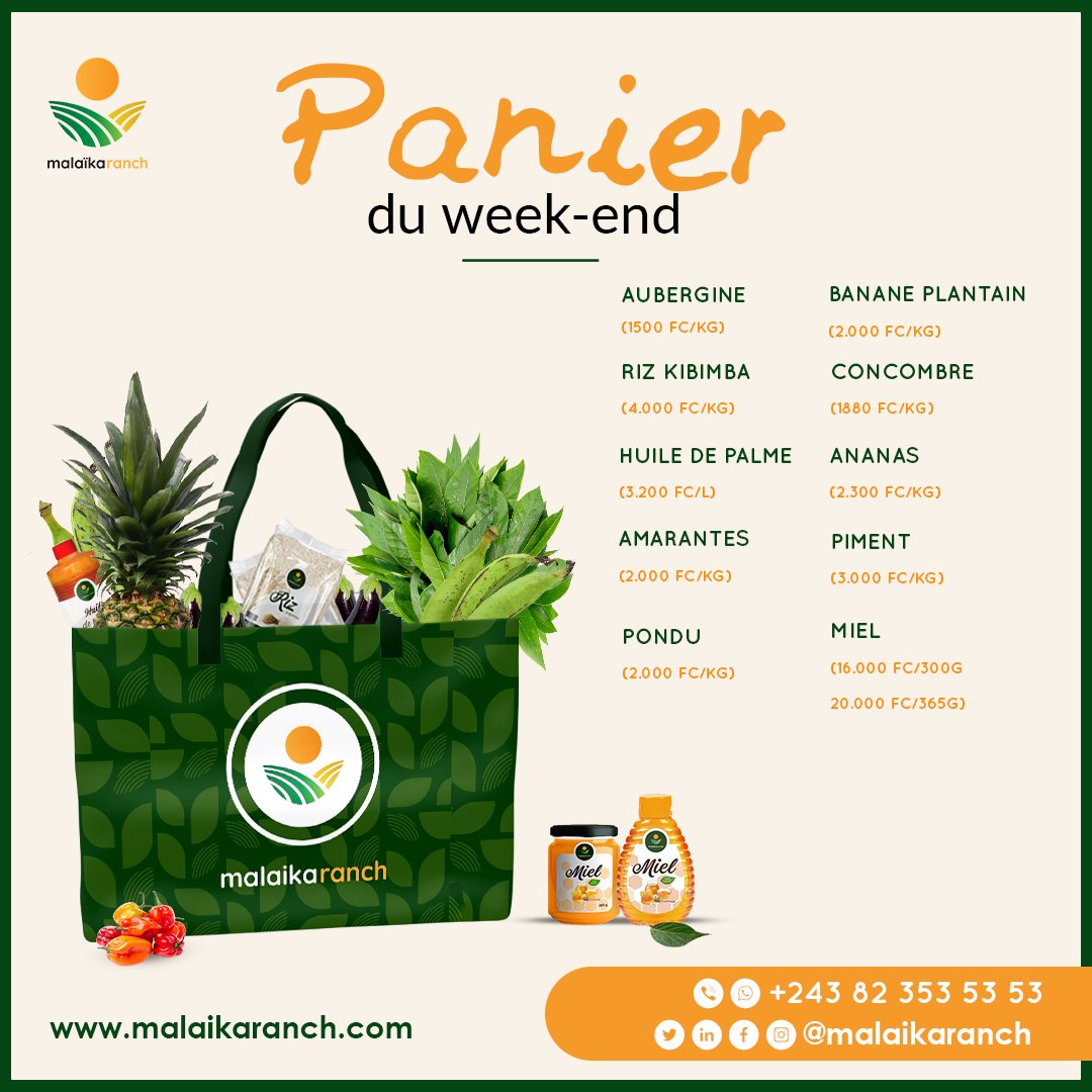 MalaikaRanch's tweet photo. 🚨Ne manquez pas nos fruits et légumes frais, bio et bon ce week-end ! 🚨

Retrouvez également dans vos paniers, nos miels, issus tout droit de nos ruches et produits localement ! 🍯

Commandez, nous vous livrons directement à votre domicile!

📞 : + 243 82 353 53 53 https://t.co/zFZ67mE5jy
