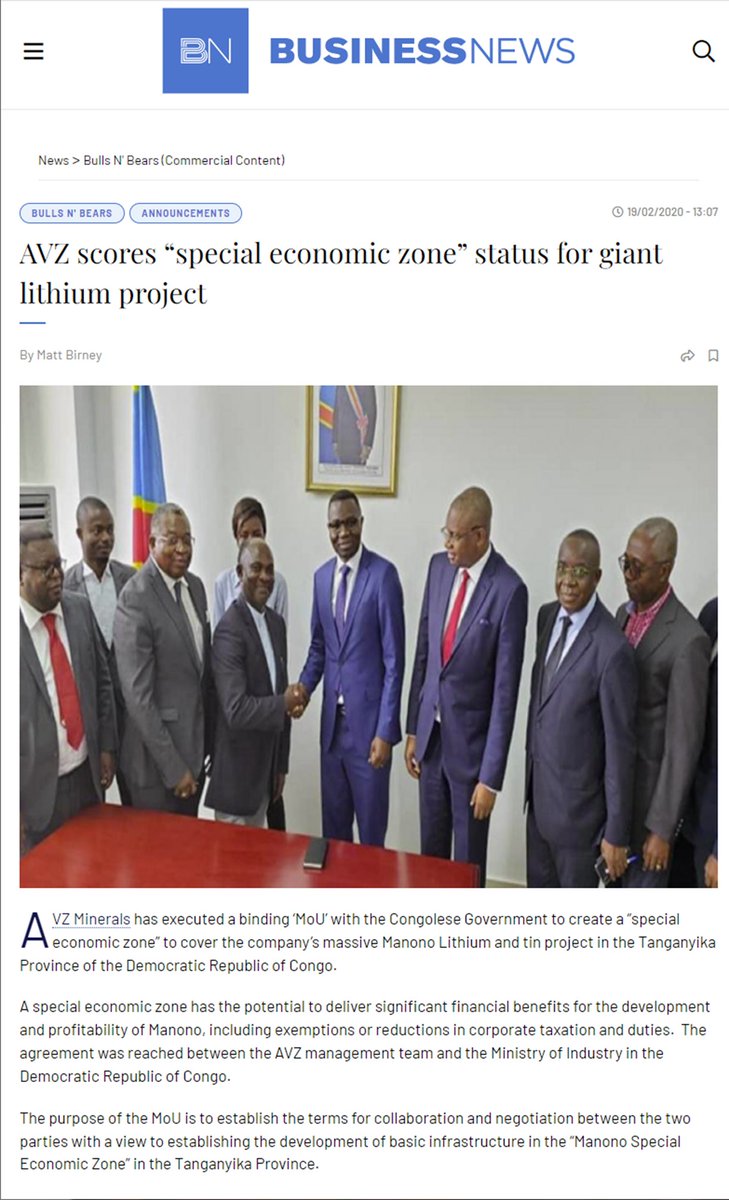 vujkusic's tweet photo. 2020: @AvzMinerals 🇦🇺scores “special economic zone” #MSEZ status for giant #ManonoLithium Project
$AVZ 🇦🇺has executed a binding ‘MoU’ w 🇨🇩#Congolese Govt to create “special economic zone” to cover #AVZ company’s massive #Lithium_Manono tin project in #Tanganyika Province of #RDC https://t.co/gb72IkUCi9
