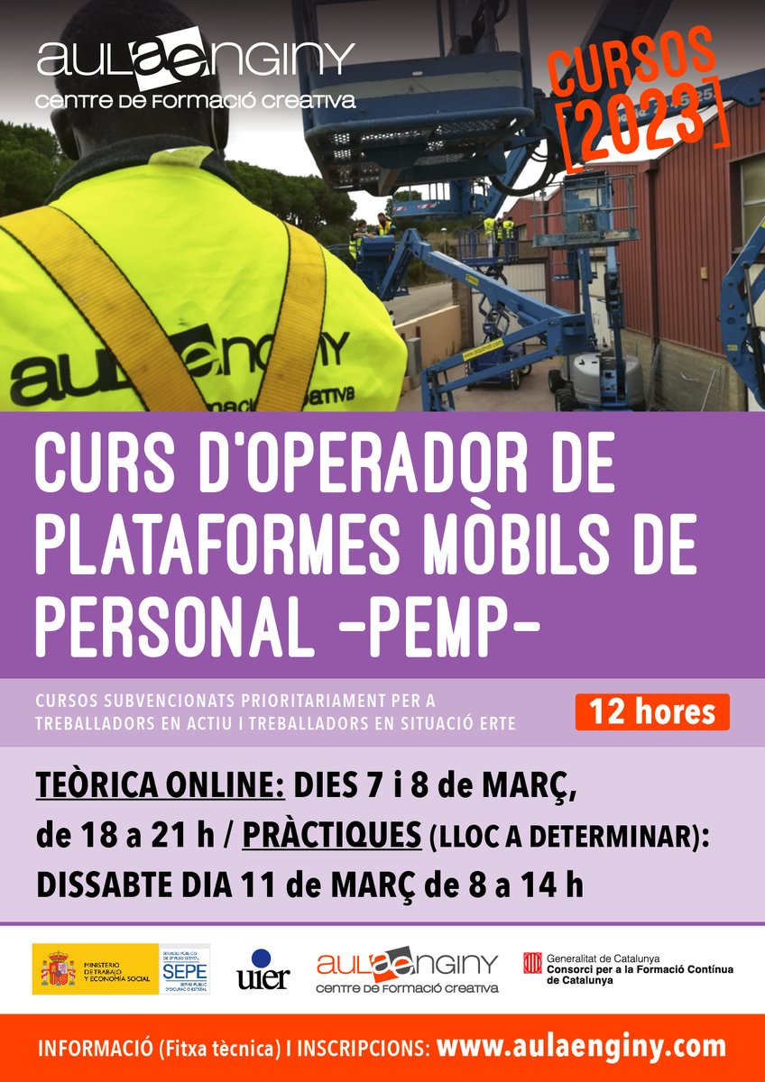 aulaenginy's tweet photo. CURS D’OPERADOR DE PLATAFORMES MÒBILS DE PERSONAL -PEMP- (12 hores)
Curs disponible a Aulaenginy! Mira tota la informació i apunta't-hi!
https://t.co/ZPnmDVIjDQ https://t.co/uBDohBm8Of
