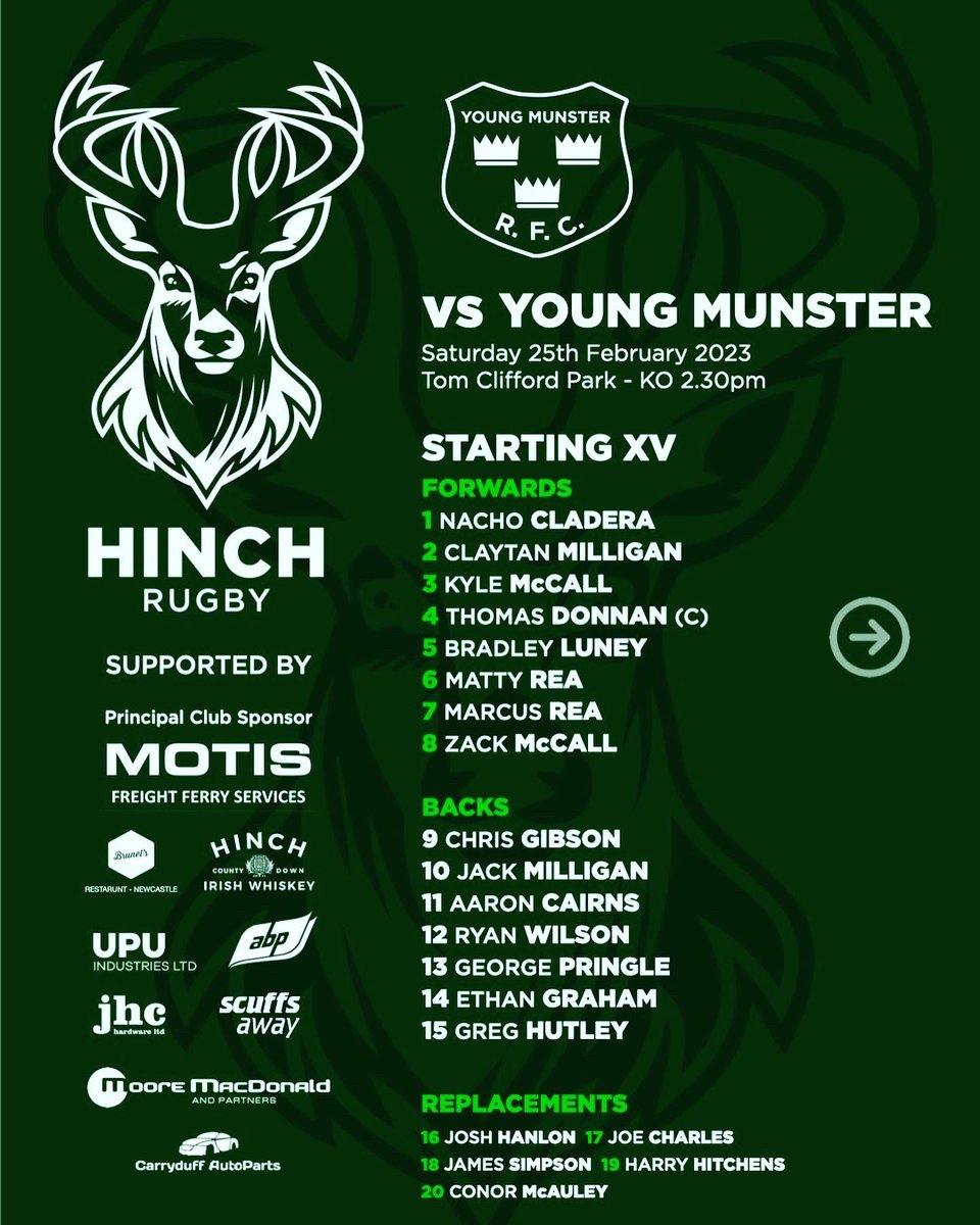 HinchRFC's tweet image. 📢 Team Announcement 📢 

Your 1st XV squad to take on @young_munster this weekend in Greenfields! #EnergiaAIL #tcsp #StagsUp 🦌