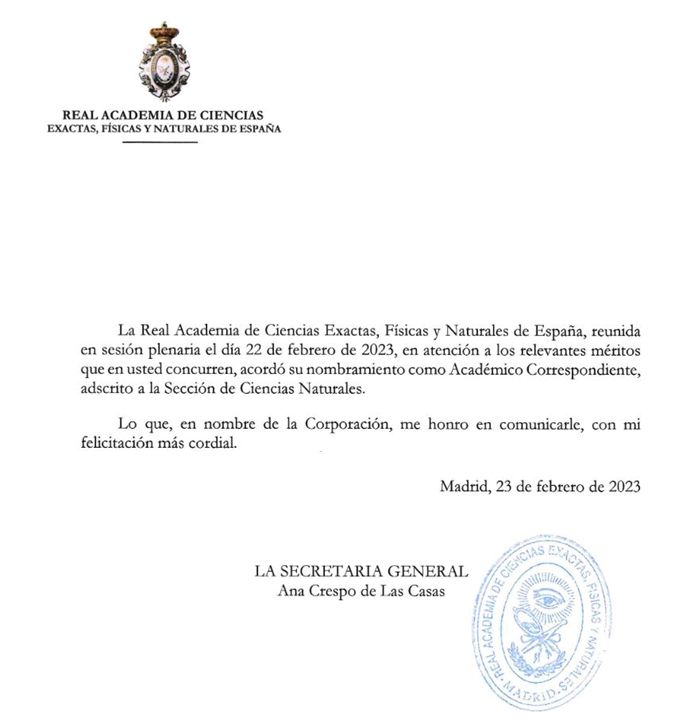 Good news arrive by post ☺Very happy and honored for being appointed as a new Corresponding Academician of the Royal Spanish Academy of Science. Many thanks to the Academicians that proposed me and looking forward to contribute achieving the goals of @RACiencias
