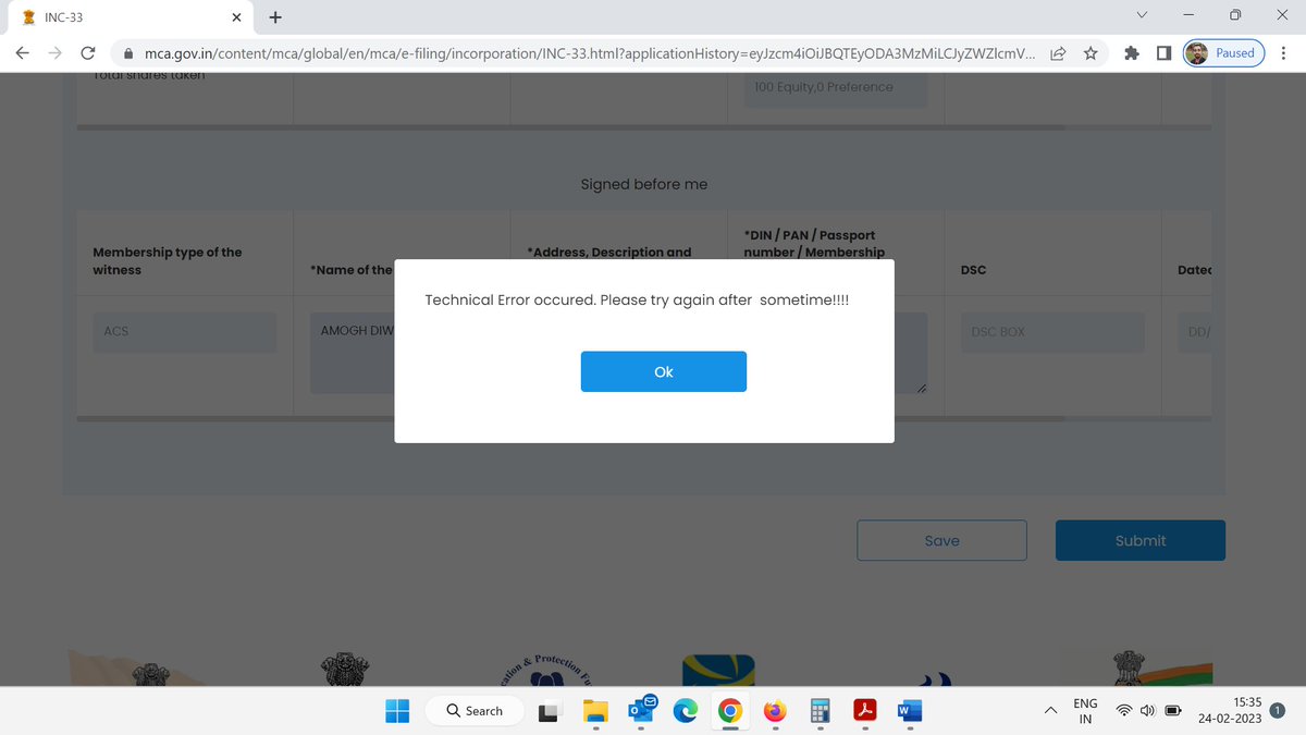 AmoghDiwan's tweet photo. @HelpdeskMCA21V3 @MCA21India Getting the error constantly in INC33 for both SPICe+ and MGT-14. https://t.co/Xmxc2ZzetF