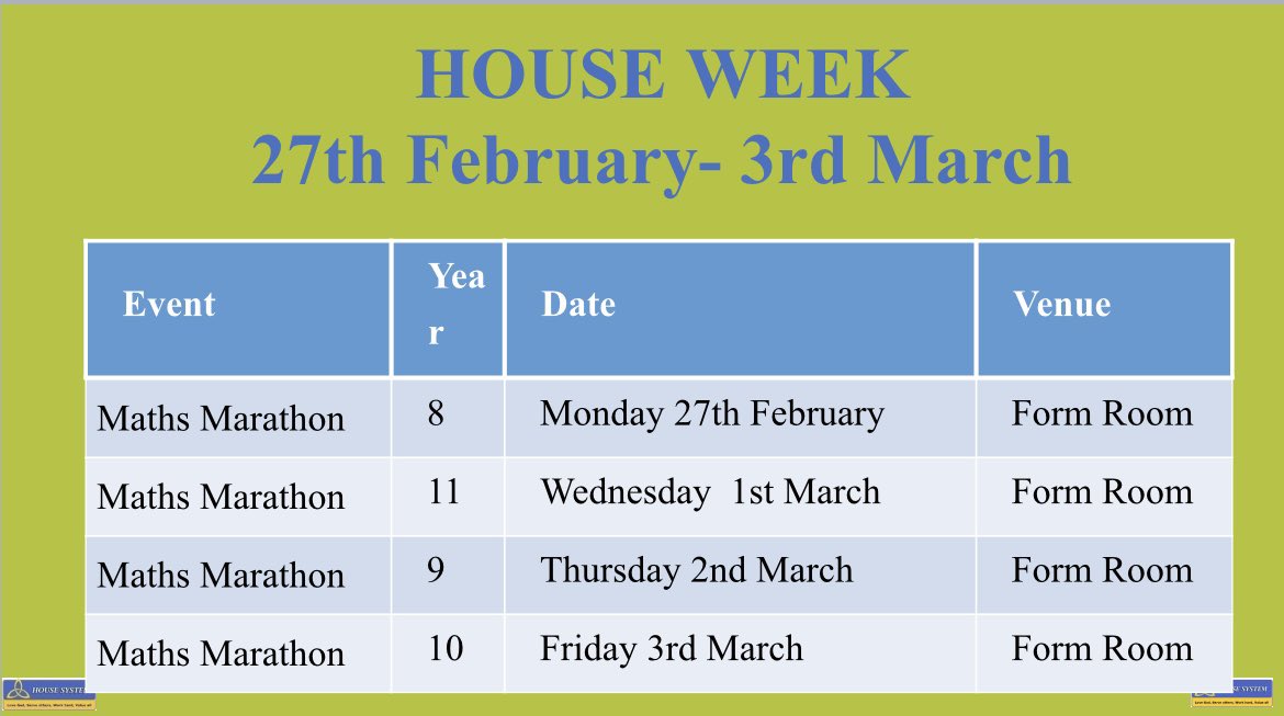 BTRCCHouse's tweet photo. It’s that time again… HOUSE WEEK!
Next week, each House will take on a Maths Marathon. 
The team with the lowest combined time will win.
Good luck!
@BTRCCinfo https://t.co/RJv4GW0hK0