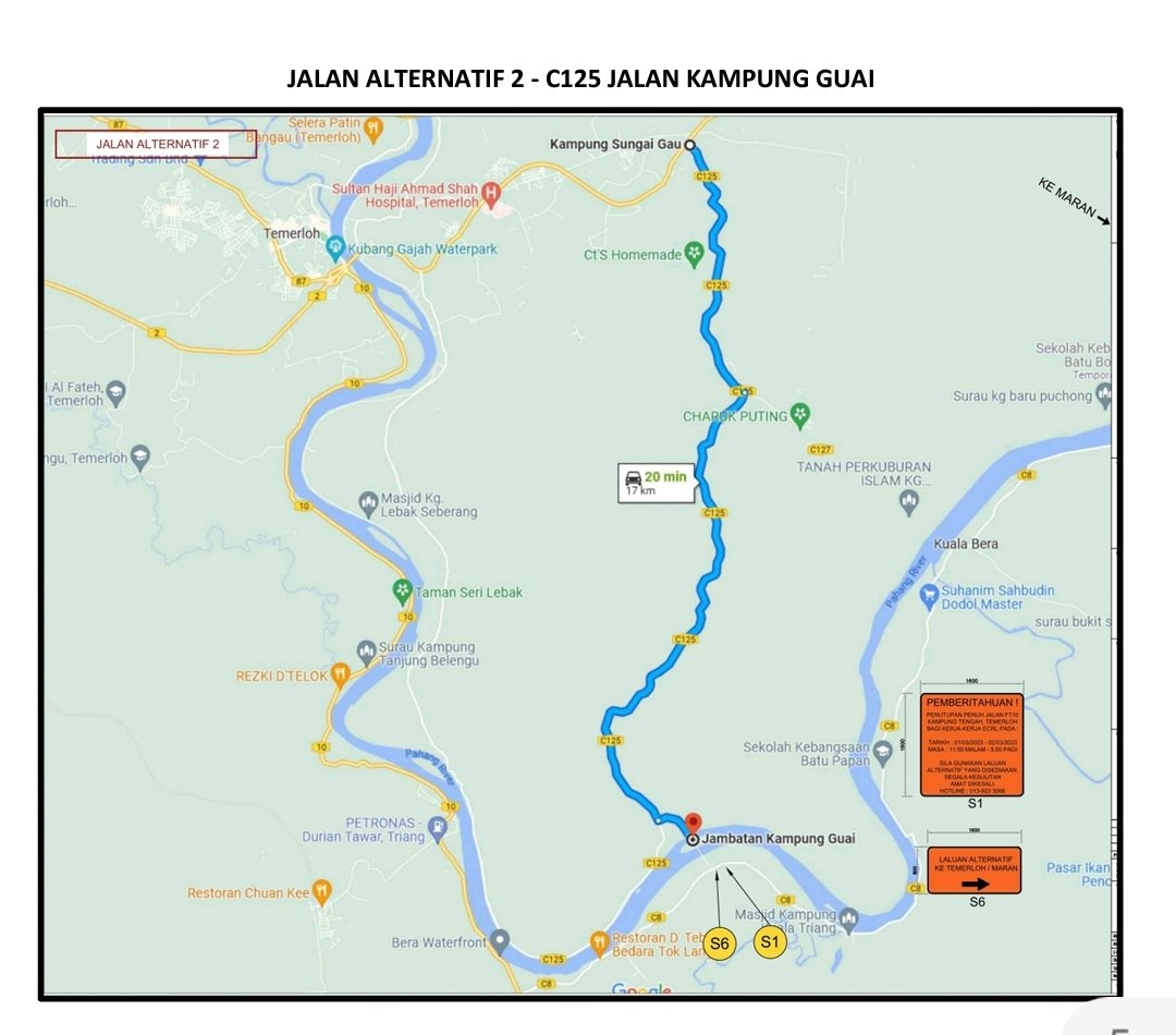 Adalah dimaklumkan bahawa Laluan Persekutuan FT 010 Jalan Temerloh - Kemayan akan DITUTUP KEPADA SEMUA LALU LINTAS ekoran daripada kerja- kerja menanggalkan komponen pembinaan rasuk jambatan ECRL Pahang RUB 27, Bridge 30 CH425+685.