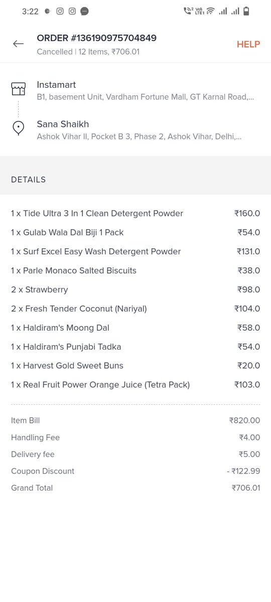 ss_sushil's tweet photo. @Swiggy @SwiggyCares @swiggydesign @DelhiPolice @CybercrimeCID @harshamjty have ordered groceries from swiggy Mart. swiggy sale person didn't reach out me. number is working &amp; they are saying they cancelled my order &amp; not refunded my money and no response from swiggy team also. https://t.co/TLFvcm0oqQ