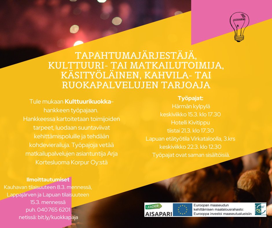 AisapariRy's tweet photo. Kulttuurikuokka – hankkeessa kartoitetaan alan toimijat, haetaan yhteistyömahdollisuuksia ja voimaa yhteistyöstä. Tule mukaan aloitus työpajoihin https://t.co/qMyjVPEtTg
#tapahtumatuottaja #matkailutoimija #kulttuurituottaja #käsityöläinen #kahvilayrittäjä #ravintolayrittäjä https://t.co/IrLYEyjP74