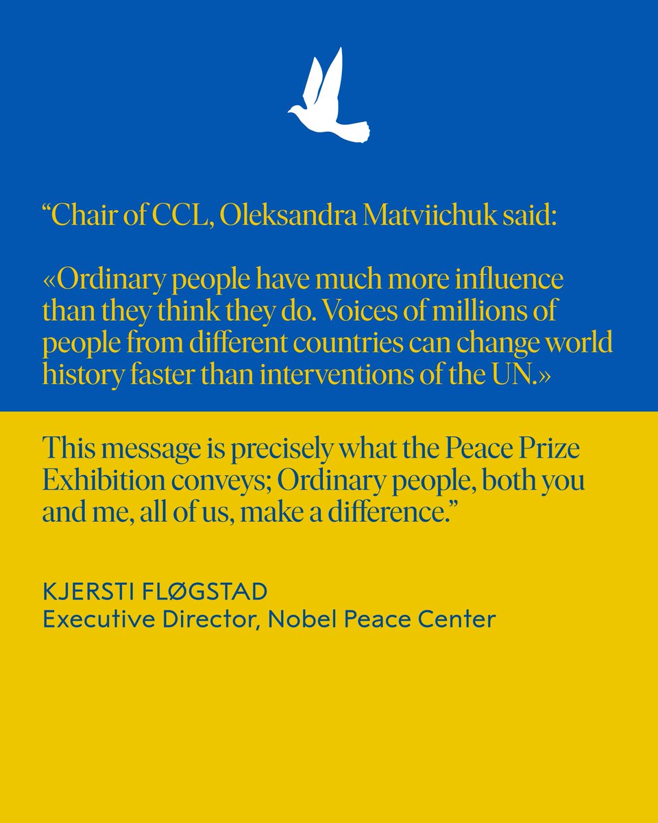 Nobel Peace Center (@nobelpeaceoslo) on Twitter photo One year ago, we were all shocked by the Russian invasion of #Ukraine. We stand with the people of Ukraine and urge you to seek true information, support ordinary people raising their voice and documenting #warcrimes. <a href="/KjerstiFlogstad/">Kjersti Fløgstad</a> <a href="/avalaina/">Oleksandra Matviichuk</a> <a href="/SashaRomantsova/">Sasha Romantsova</a> <a href="/ccl_ua/">Center for Civil Liberties</a> One year ago, we were all shocked by the Russian invasion of #Ukraine. We stand with the people of Ukraine and urge you to seek true information, support ordinary people raising their voice and documenting #warcrimes. <a href="/KjerstiFlogstad/">Kjersti Fløgstad</a> <a href="/avalaina/">Oleksandra Matviichuk</a> <a href="/SashaRomantsova/">Sasha Romantsova</a> <a href="/ccl_ua/">Center for Civil Liberties</a>