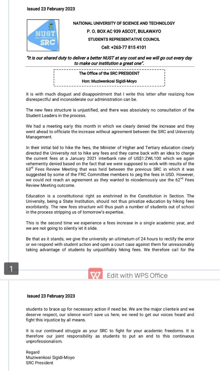 mvelase_01's tweet photo. The recent National University of Science and Technology fees increase faces challenges in the form of opposition from the school SRC. 

The fees hike is the second of the academic year and has not landed well with students.

@nustsrc @citezw @NewsDayZimbabwe
#FeesIncrease https://t.co/3sc3BPoZ4S