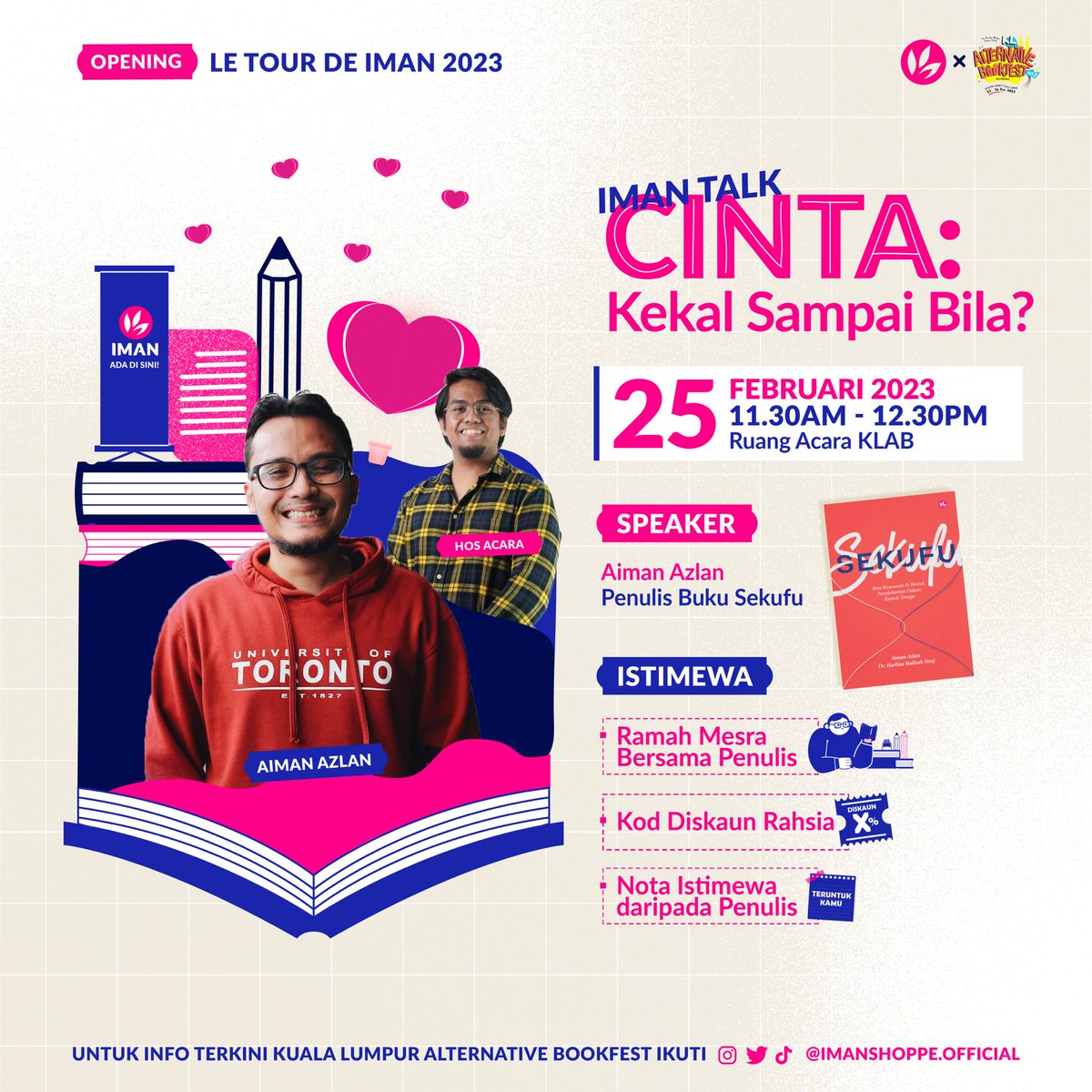 imanpublication's tweet image. Sampai bila hubungan akan kekal?

Kadang-kadang rasa takut nak ada pasangan bila sekarang ini banyak pula cerita tentang curang, tidak ada persefahaman lepas itu tup tup bercerai😪

Esok, bersama @aimanazlan90 di KLAB untuk berborak mengenai Cinta: Kekal Sampai Bila. Jumpa esok!