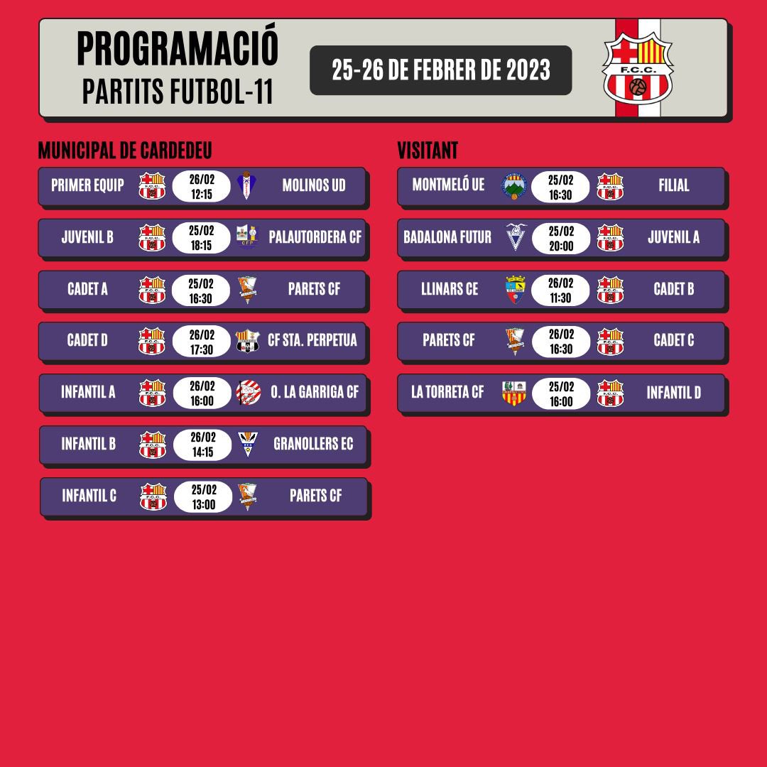 📆‼️ HORARIS PARTITS 25-26 DE FEBRER

🍀 Molta sort i encerts! Som-hi! 💪🏼