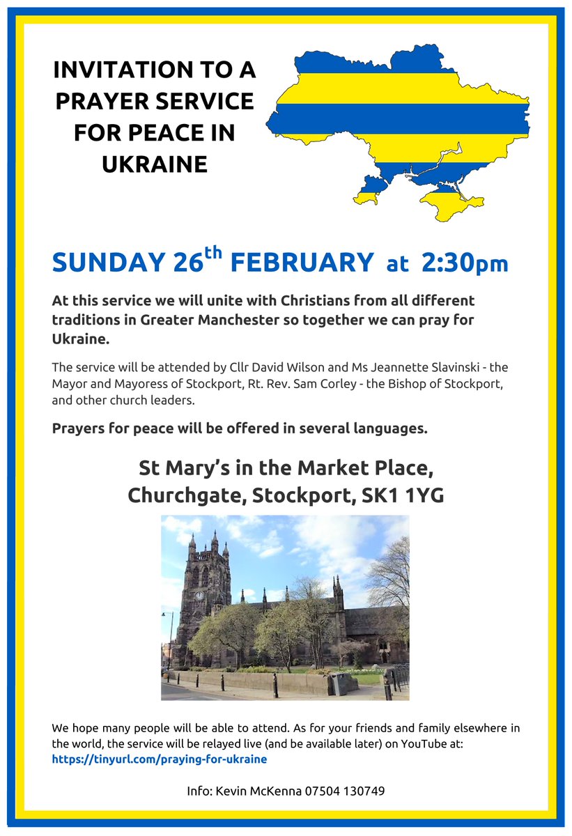 StockportParish's tweet photo. A year on from the beginning of the conflict in Ukraine we continue to pray for people whose lives are affected and for peace and justice. You are invited to join us to pray for Ukraine on Sunday afternoon at 2.30pm at St. Mary's https://t.co/lkMeGhttJn