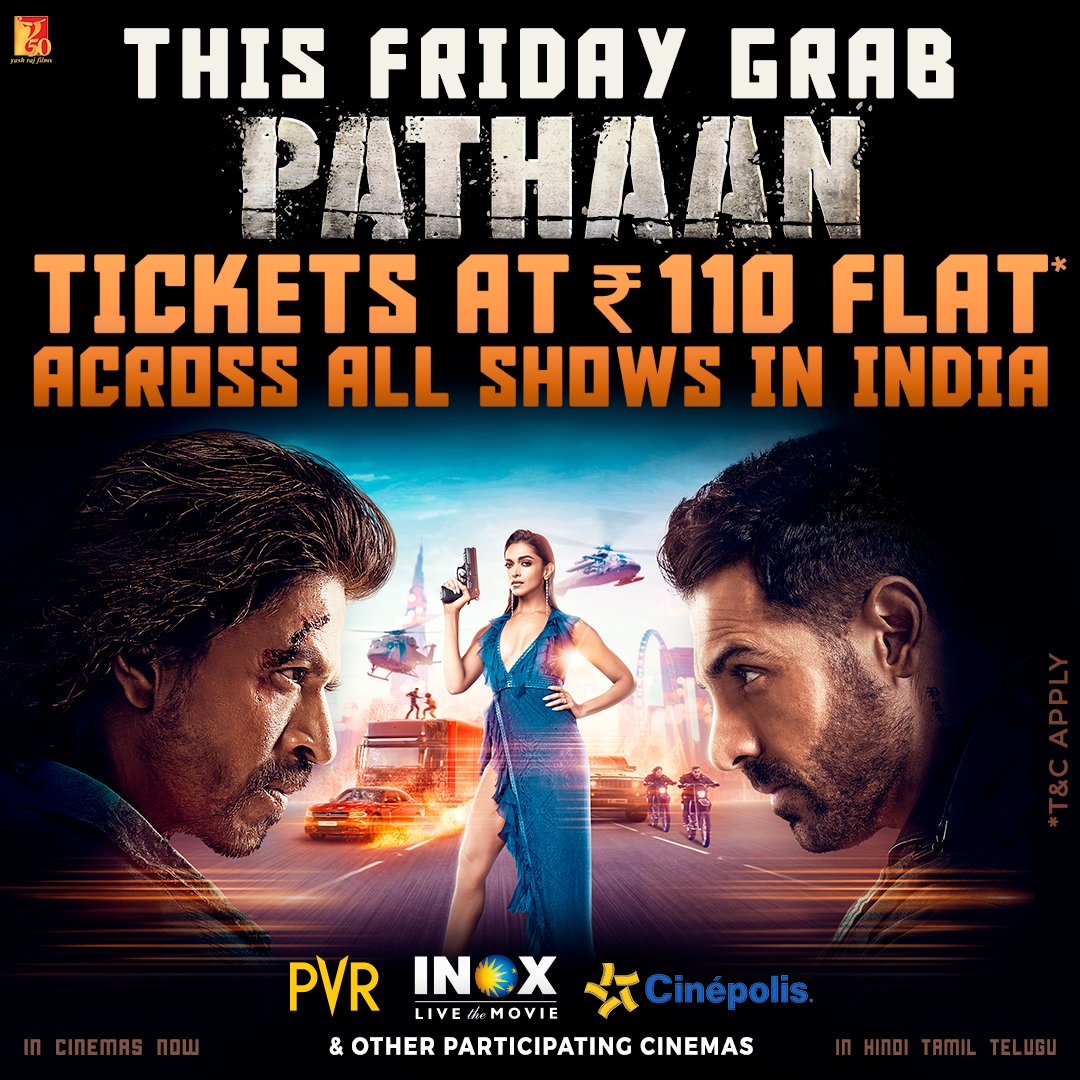 hindiflixbuzz's tweet photo. Make your Friday plans with #Pathaan 
Get tickets at ₹ 110/- flat across all shows in India at participating cinemas! 
Book your tickets NOW - 
https://t.co/bcrA4smnQz | https://t.co/FQAekIOWFT

#ShahRukhKhan #DeepikaPadukone #HindiFlix #Flixbuzz #HindiFlixbuzz https://t.co/1gD0nIXPxo
