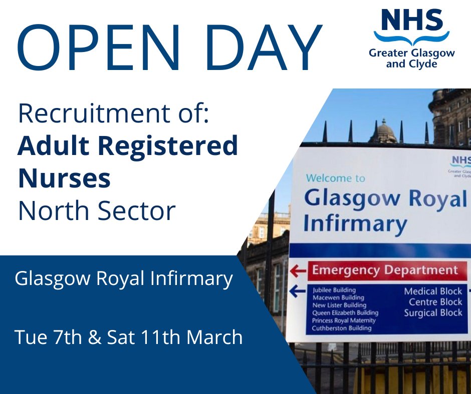 Are you a compassionate,dedicated individual with a passion for helping others?  Then we want you on our team at the Glasgow Royal Infirmary. 

Our recruitment day for registered nurses will take place on Tuesday 7th and Saturday 10th March.

Job link👇

 bit.ly/3IR87M0