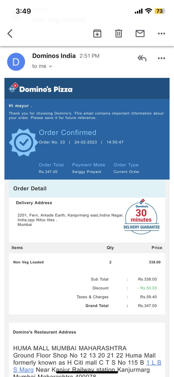 Mayubho's tweet photo. @dominos_india 1 hour and still haven’t received order. Where’s your 30mins delivery? Store incharge is saying there is no guarantee and she will cancel the order. Pathetic service. https://t.co/Xe7FhJa9HA