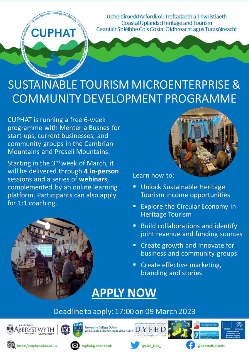 Applications are now open for the Wales CUPHAT Sustainable Tourism Programme for Microenterprises & Community Projects running in the #CambrianMountains and #PreseliMountains!
Deadline to apply is 17:00 on 09/03/2023 forms.gle/77w88ZGaumh7s8…