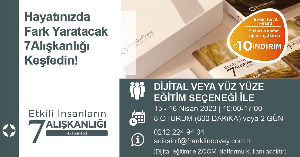 FranklinCoveyTR's tweet photo. %10 İndirim Fırsatını Kaçırmayın! 
Bireysel katılıma uygun olarak tasarladığımız #Etkiliİnsanların7Alışkanlığı Açık Sınıf Eğitimimizin 2023 Dönemi Kayıtları Başladı! Hemen bilgi almak ve kayıt olmak için: https://t.co/PspnAHJJZa
#kişiselgelişim #7alışkanlık #7Habits https://t.co/wwvOgAASjr