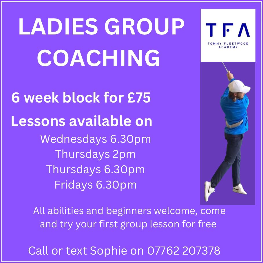 Ladies taster sessions 🏌️‍♀️ come and try any of our ladies group golf lessons on Wednesday, Thursday and Fridays from the 8th March. Learn with other ladies just like yourself in a relaxed and friendly environment ⛳️ to try any of the groups text or ring Sophie on 07762207378