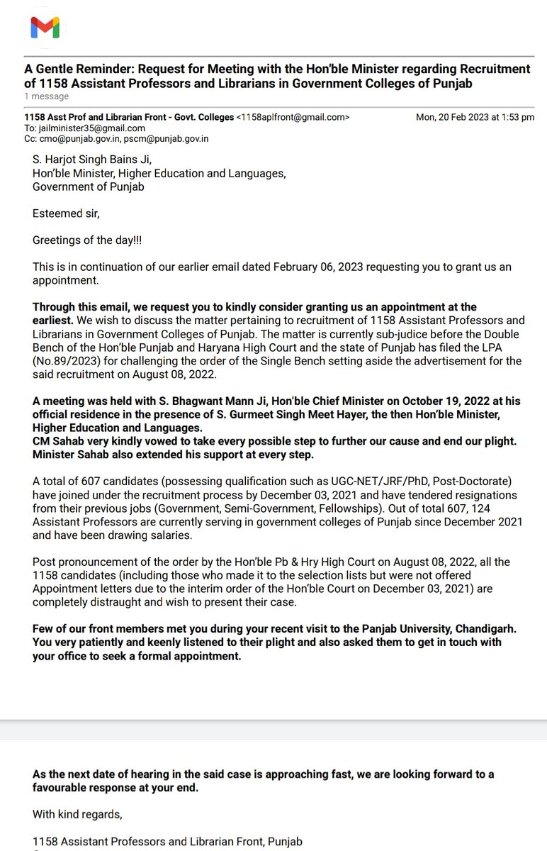 1158APFront5aab's tweet photo. Hon'ble HEM,we hv been requesting u 2 grant us a meeting to discuss our case pertaining to #1158recruitment.In this regard,v hv sent u an email on Feb 6,followed by a gentle reminder on Feb 20.Kindly grant us a meeting.The future of 1158 highly qualified Punjabi youth is at stake https://t.co/QYWfVUQVnI