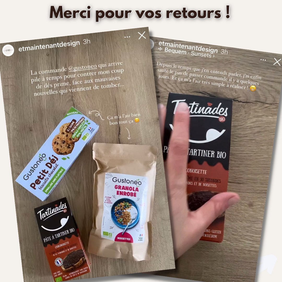 😃 Merci pour vos retours quand vous commandez nos produits et à ET MAINTENANT Design qui nous a mis en avant dans sa story Instagram instagram.com/etmaintenantde… !

➡️ Retrouvez tous nos produits en magasins #bio et sur gustoneo.com/boutique/bouti…