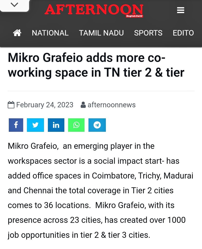 Trichiites's tweet image. #Mikro Grafeio,  an emerging player in the workspaces sector is a social impact start- that has added office spaces in Coimbatore, #Trichy, Madurai and Chennai.

They recently set up a 100-seater centre for the global software company, 3i Infotech in Tirunelveli.