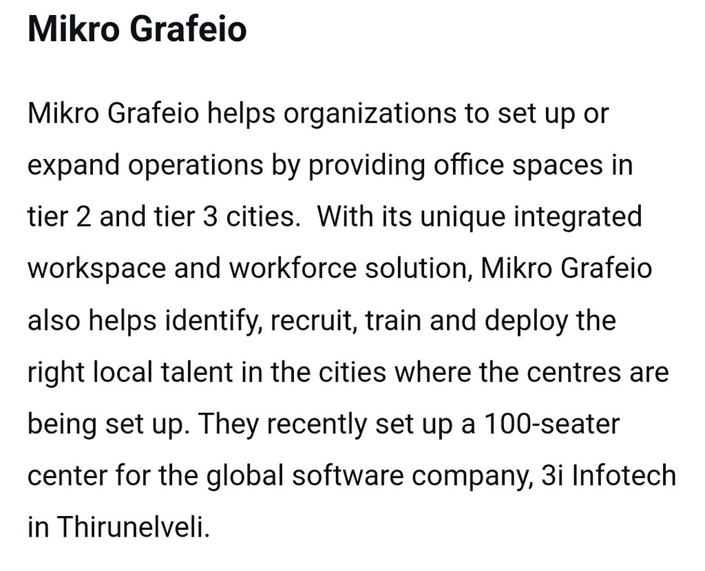 Trichiites's tweet image. #Mikro Grafeio,  an emerging player in the workspaces sector is a social impact start- that has added office spaces in Coimbatore, #Trichy, Madurai and Chennai.

They recently set up a 100-seater centre for the global software company, 3i Infotech in Tirunelveli.