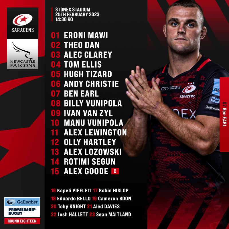 Saracens's tweet photo. 🐺 𝗧𝗘𝗔𝗠'𝗦 𝗨𝗣 🚨

6️⃣ changes from 🐯 defeat.
5️⃣0️⃣th appearance for Alec Clarey.
🧢 #GallagherPrem debut for @hartley_olly.

Full Team News ⬇️

#YourSaracens💫