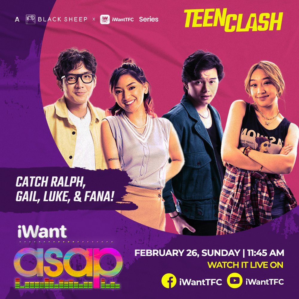 ofc_iwant's tweet photo. Ayo, CLASHmates ⚠️ we get to hangout this Sunday with Ralph, Gail, Luke &amp; Fana ⚠️
catch them LIVE on #iWantASAP! see u!

#TeenClash @iwantasapofc @Black_SheepPH  @struggail @AlfordLuke23 @FANA_Official https://t.co/v114U8szc5