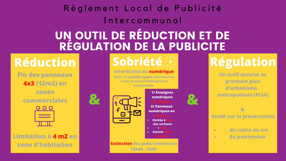 EelvGroupeCler's tweet photo. Pour notre groupe et @elusGsCLF le Règlement Local de Publicité Intercommunal (RLPI) est un outil de régulation et non d'abolition, permettant de réduire
✅la place de la publicité à @ClrmntMetropole
✅& son niveau de consommation énergétique
@NicolasBonnet63 https://t.co/4X2Rco3dh9