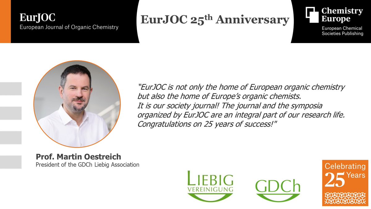 This week, @Silicon_Martin, chair of the Liebig Association of Organic Chemists, joins the celebrations for EurJOC 25th anniversary. 
<a href="/GDCh_aktuell/">GDCh</a> is one of EurJOC's founding &amp; owner societies, find out more about the history of the journal👉bit.ly/3JhXa6D

#EurJOC25🥳