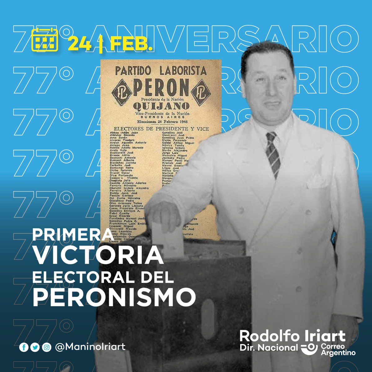 ManinoIriart's tweet photo. Con sus banderas siempre en alto, recordamos hoy el primer triunfo electoral de Juan Domingo Perón. ✌️ https://t.co/ruRpd1ykWq