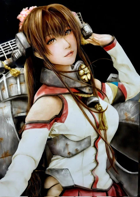 #アナログ絵で魅せてみよアナログは得意です!1枚目 アルミ板にリアル風 大和2枚目 色紙にリアル風時雨の途中3枚目 机にイルカ4枚目 鉄板にアルミ塗料で似顔絵の途中 