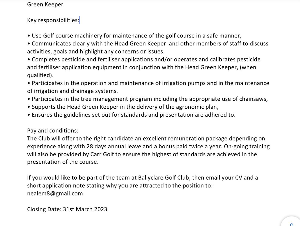 A vacancy for a Green Keeper is now available at Ballyclare Golf Club. 

See full details attached.