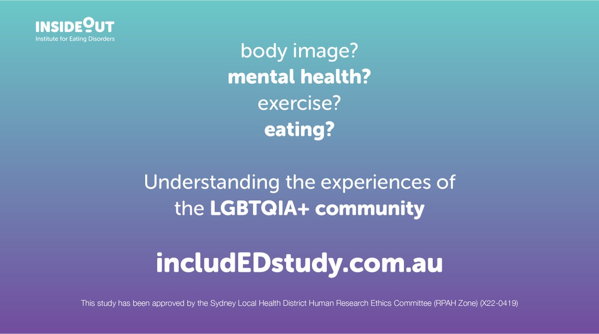 If you are 16 yrs + and part of the LGBTQIA+ community in Australia or globally, please consider participating in our 10 min anonymous online survey investigating experiences around eating and body image, mental health and access to services. Thank you! Includedstudy.com.au