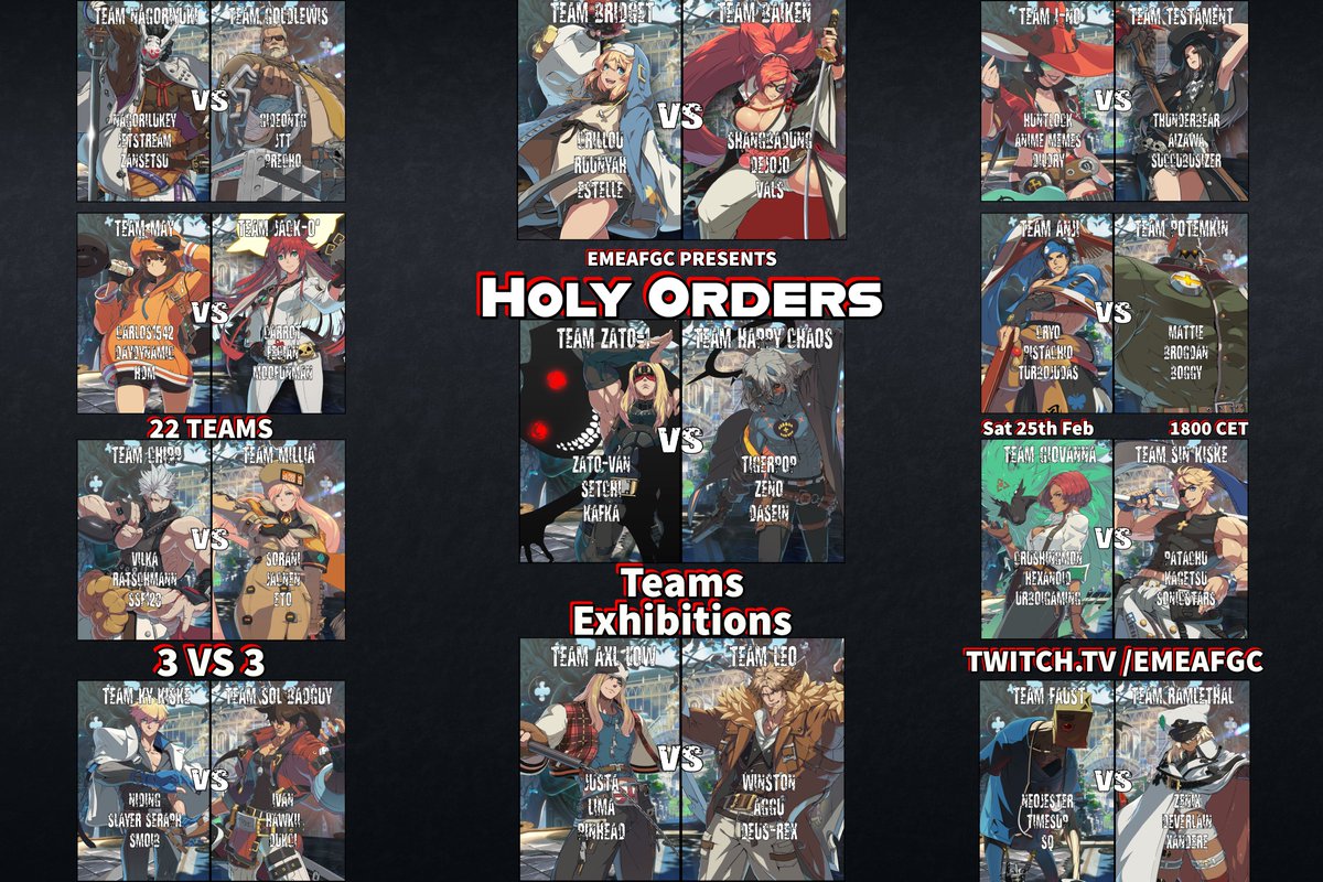 Slayer_Seraph's tweet photo. Ready to Rock? IT'S HAPPENING!
HOLY ORDERS #Event !!!
Tomorrow - Saturday - Feb 25th 6pm CET!
Character Team Exhibition!
22 Teams
11 Sets
3v3
All Games Streamed Live at:
https://t.co/8MCODOgkm5
Our Holy Orders Discord:
https://t.co/qSMVbsBrSq

#HolyOrders #GuiltyGearStrive #GGST https://t.co/0QdQUJiGlK