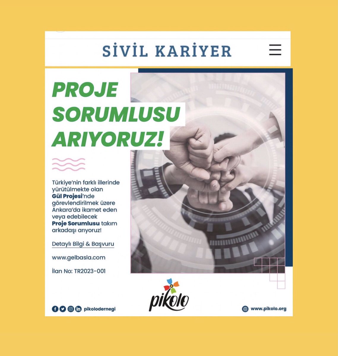 Pikolo Derneği Gül Projesinde görevlendirmek üzere Proje Sorumlusu ekip arkadaşı arıyor.

Son başvuru 🗓01.03.2023 

Ayrıntılar <a href="/pikolodernegi/">Pikolo Derneği</a> 

#işilanı #işilanları #sivilkariyer #siviltoplumsektörü #kariyer