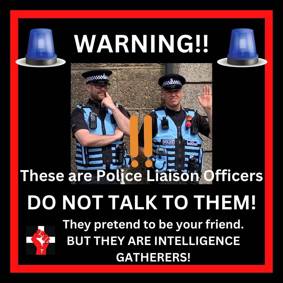 CornwallResists's tweet photo. If you're coming to Newquay tomorrow - watch out for Police Liaison Officers. They pretend to be your friend but they're intelligence gatherers!
Talking to them doesn't just put your safety at risk, it puts the safety of all those around you at risk. Don't do it! NO COMMENT! https://t.co/DQtcgvMUGD