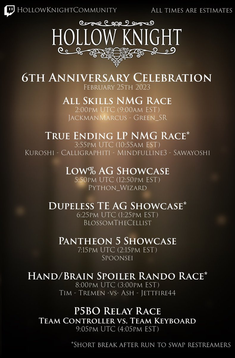 HKSpeedrunning's tweet photo. Happy 6th Anniversary, Hollow Knight! 
 
The speedrunning community joins together as has become tradition TOMORROW, Feb 25, with the return of the HK Anniversary Celebration Marathon! It’s our way to celebrate our love for this little masterpiece of a game! 
TYSM Team Cherry🙏 https://t.co/dmjpJEEoXY
