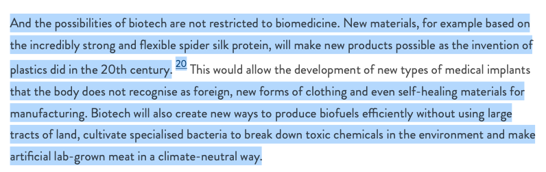 20. What else can Biotech be used for ? According to Blair
"Synthetic organs grown in the lab", "robotic keyhole surgery",
"produce biofuels efficiently without using large tracts of land", "medical implants" & also "artificial lab-grown meat"

Sounds very like a WEF manifesto. 