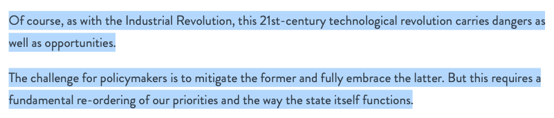 14. Blair points to the UK as being the home of the Industrial Revolution yet now he is referencing the World Economic Forums 4th Industrial Revolution when he mentions AI, biotech and climate tech.

"The state has to change for this to happen"

Quite the statement. 