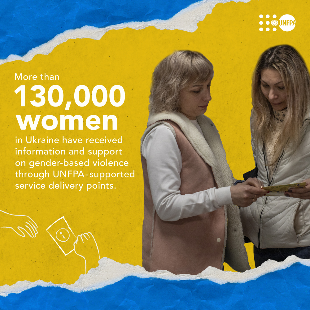 Blue and yellow background. Two women talk to each other, one shows something if a leaflet. 