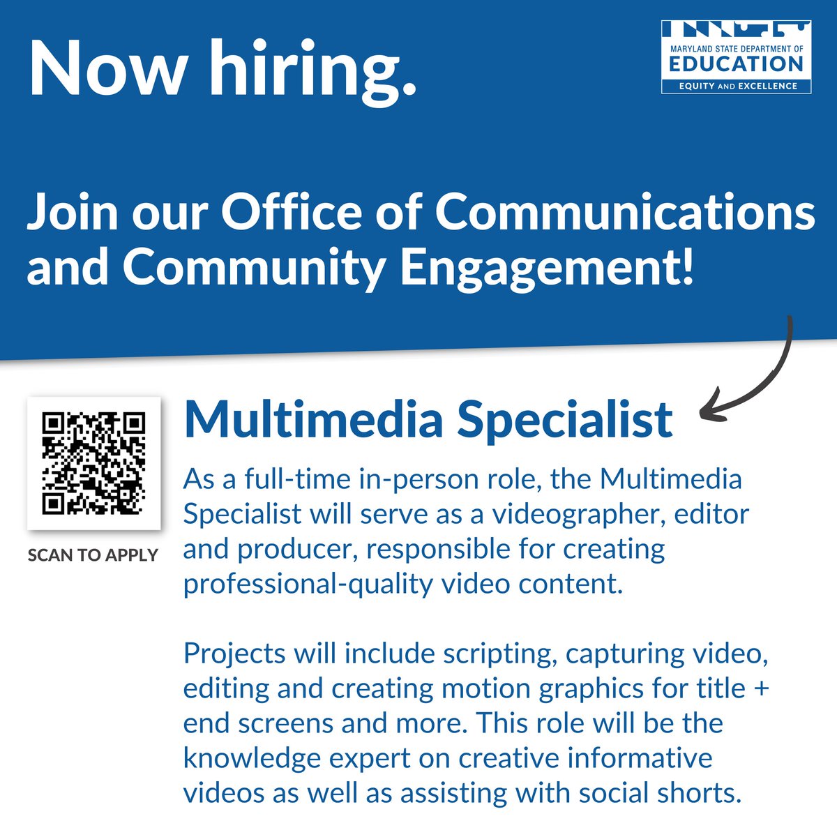 MdPublicSchools's tweet photo. Join #TeamMSDE! We're seeking a talented multimedia specialist with videography, editing &amp; motion graphics experience.

Salary up to $105,072/year

Bring your creative skills &amp; knowledge to our Office of Communications &amp; Community Engagement: https://t.co/MsIRtLcDIf https://t.co/U6LDbdMrRT