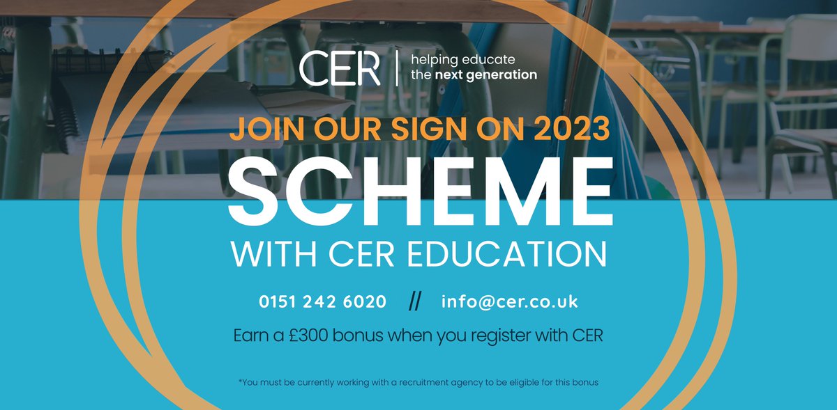 Happy Friday from all the Team <a href="/CerNorth/">CER Education - Liverpool & North Wales</a> !

Did you know <a href="/CEREducation/">CER Education</a> offer you £300 Registration Bonus after working 30 days 
( T&amp;C's apply )

Contact the Team for details TODAY !!
☎️ 0151 242 6020
#FridayFeeling #teachingjobs #teachertwitter 
#ECT #teaching #teachingassistant