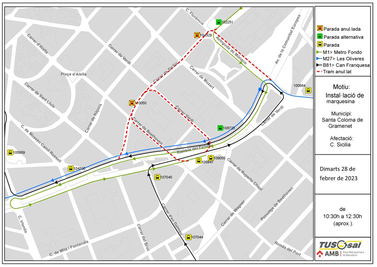 tusgsal_oficial's tweet photo. #B81 #M1 #M27: ℹ️ El proper dimarts, 🗓️ 28/02, de 10:30h a 12:30h, (aprox.), el c/ Sicília, @scgramenet @Mobilitat_AMB, 🚫 romandrà tallat amb motiu de la instal·lació d’una marquesina. Afectant d’aquesta manera les línies de 🚍 B81, M1, M27. https://t.co/linq48FpxY
