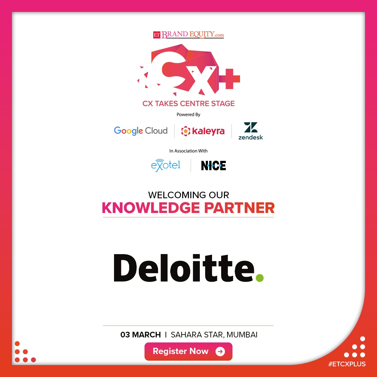ETBrandEquity's tweet photo. We are elated to have @DeloitteIndia as our Knowledge Partner at #ETCXPlus Summit.
Register Now: https://t.co/XmIWLb1h9z
#CustomerExperience #Technology #Customer #Omnichannel #NewCommerce https://t.co/jgLud2ub0O