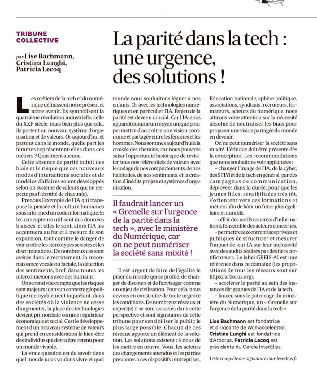 Fière de signer cette tribune publiée dans Les Echos « La parité dans la tech : une urgence, des solutions ! ». 
L’enjeu est crucial. Les femmes ne peuvent être exclues de l’avenir du monde sauf à reproduire encore et encore les inégalités. 
#charteIAInclusive #GEEISAI #tech